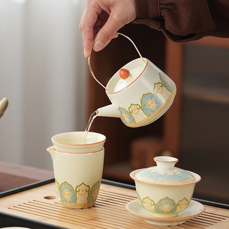 Kung Fu tea set, one pot, two cups, four cups, one person's household small tea table, ceramic teapot, teacup