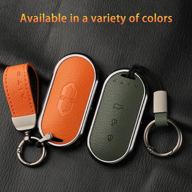 Alloy+Leather Key fob cover For Aito M5 M7 Car Smart Key Fob Case Cover Keyless Protective Shell Ring Keychain Auto Accessories