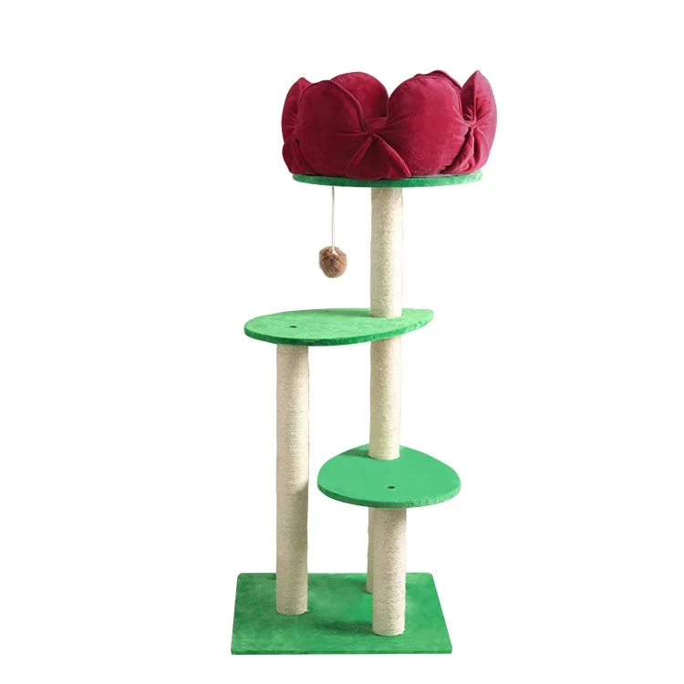 

Indoor Kitty Condo Beige Scratching Post Cat Trees Climbing Tower With Big Red Flower