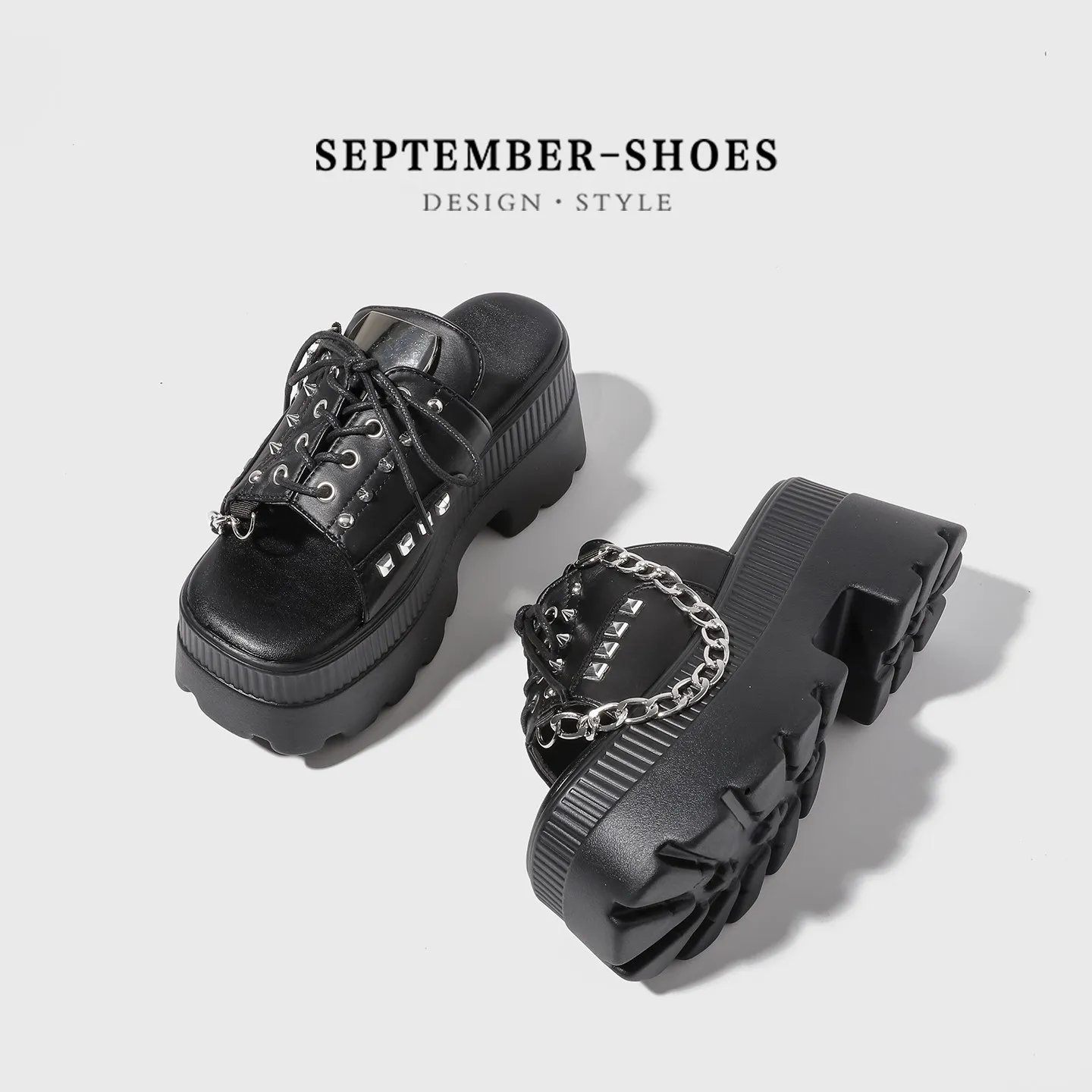Y2k Gothic Punk Women Platform Slide Sandals Studded Chain Decor Lace‑up Thick Sole Open Toe Slippers Outdoor Street Fashion Mul