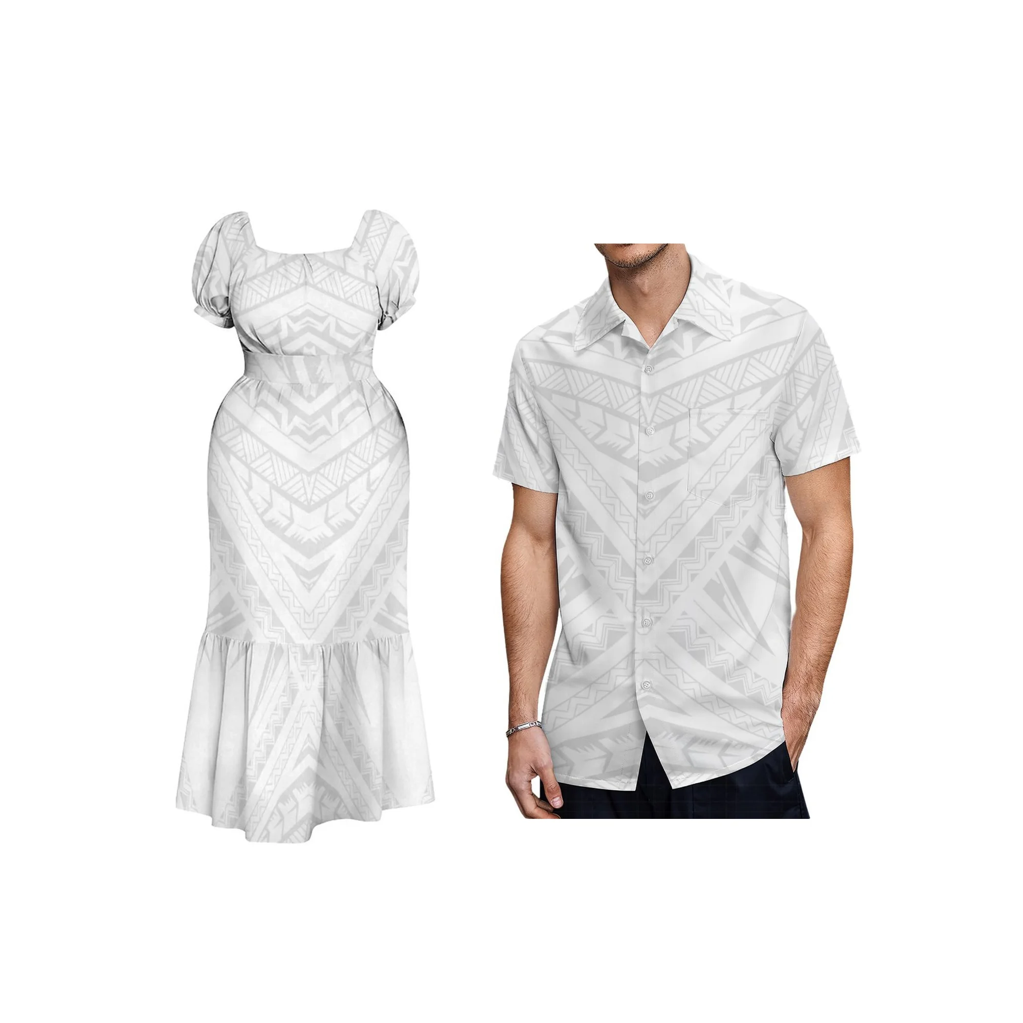 Lady High Quality Custom Party White Sunday Dress Samoa Polynesian Print Square Neck Lace-up Puff Short Sleeve Dress