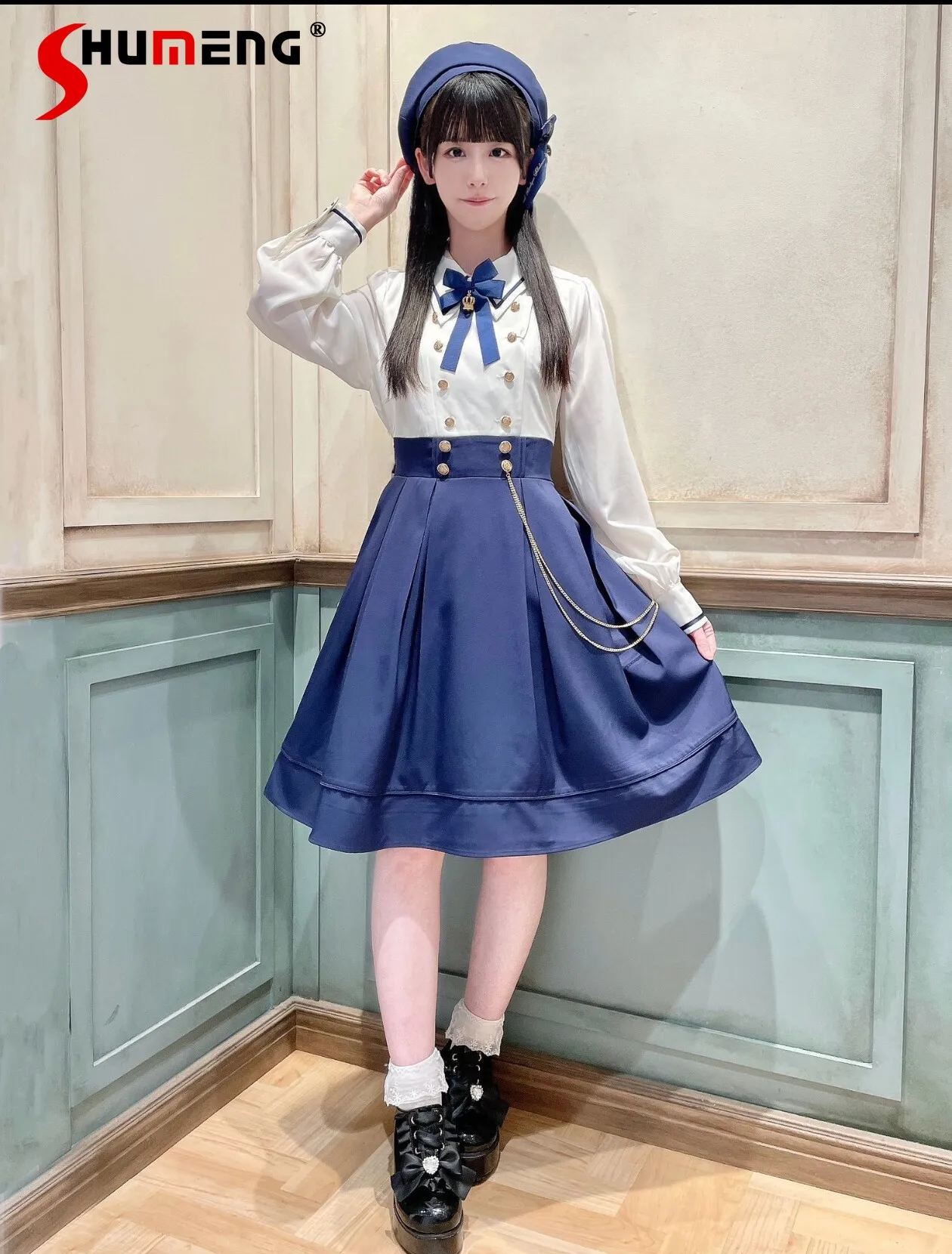 

Japanese Preppy Style Elegant Sweet Doll Collar Bow Long Sleeve Double-breasted Spliced High Waist A-line Lolita Dress For Women