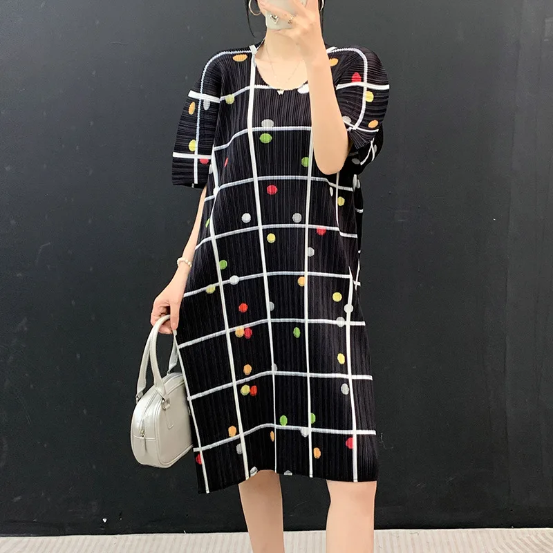 Miyake Premium Grey Polka Dot Plaid Pleated Mini Dress Batwing Sleeve Asymmetrical Hem Daily Commute Stylish Looks