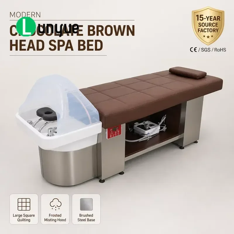 Large Square Head Treatment Bed Chocolate Brown Quilted Matte Spray Cover Brushed Stainless Steel Base for Spa Beauty