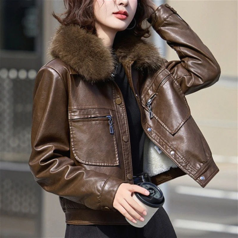Women Faux PU Leather Coats Solid Jackets Button Pocket Turn Down Collar Long Sleeves Single Breasted Loose 2026 Autumn Winter