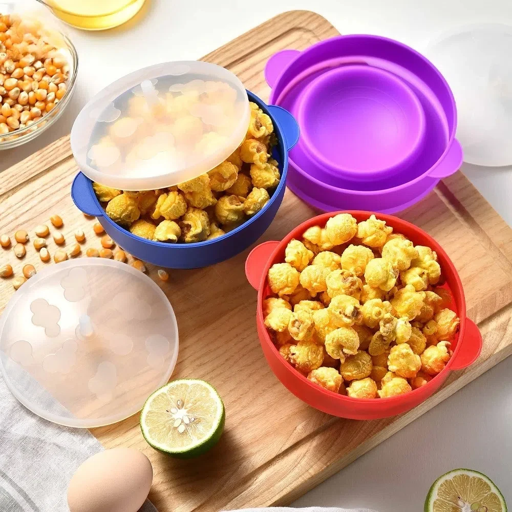 Reusable Microwave Popcorn Bowl with Lid Silicone Popcorn Maker Foldable Large Capacity DIY Popcorn Bucket Kitchen Gadgets