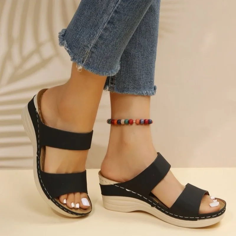 Women's Sandals Slides Open Toe Low Wedge Heel Slip on Two Strap Smooth Upper Casual Summer Walking Shoes Contrast Stitching