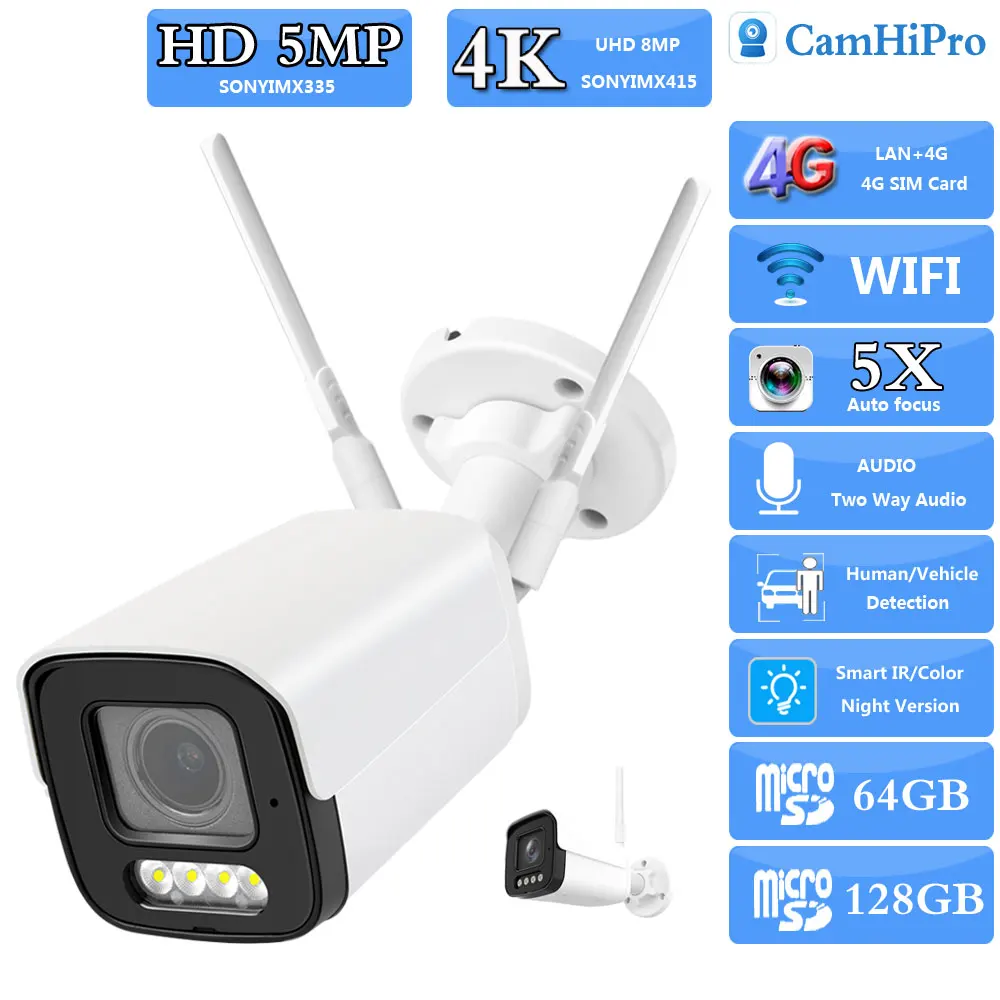 RU.3G 4G SIM Card So-ny415 4K 8MP 5MP Wireless Security Bullet kамера Wifi 5X Zoom Two Way Audio Outdoor IR&Color Night Version