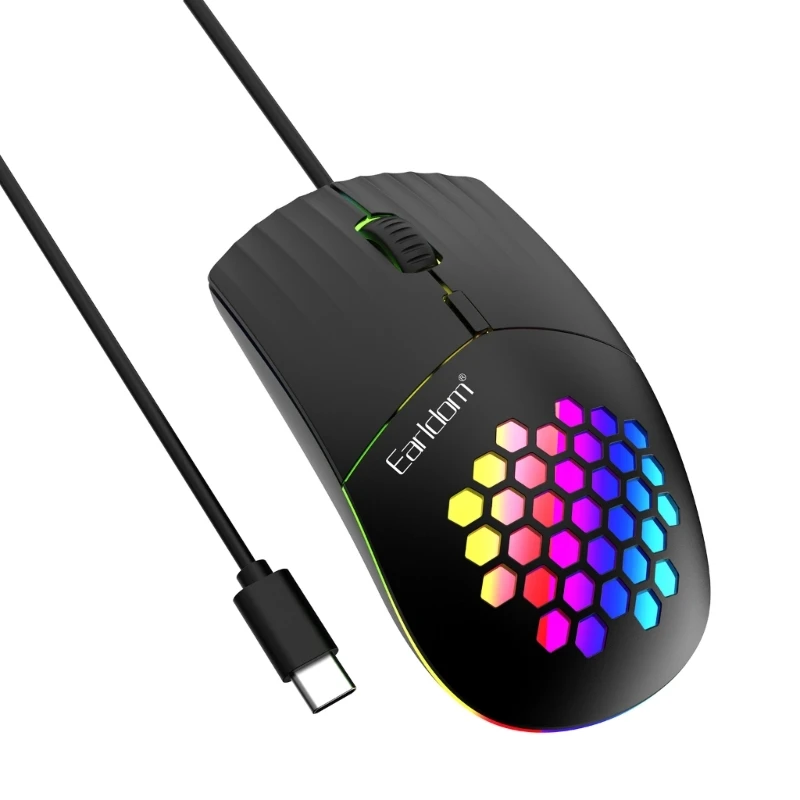 

652F Type C Mouse USB C Corded Gaming Mouse Ergonomic 7 RGB Backlit 1600DPI Adjustable for Laptops Phones Desktop PCs Pads