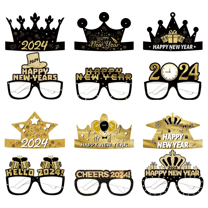 

European and American New Year Party Paper Glasses Paper Caps Funny Decorative Supplies Caps Glasses Set