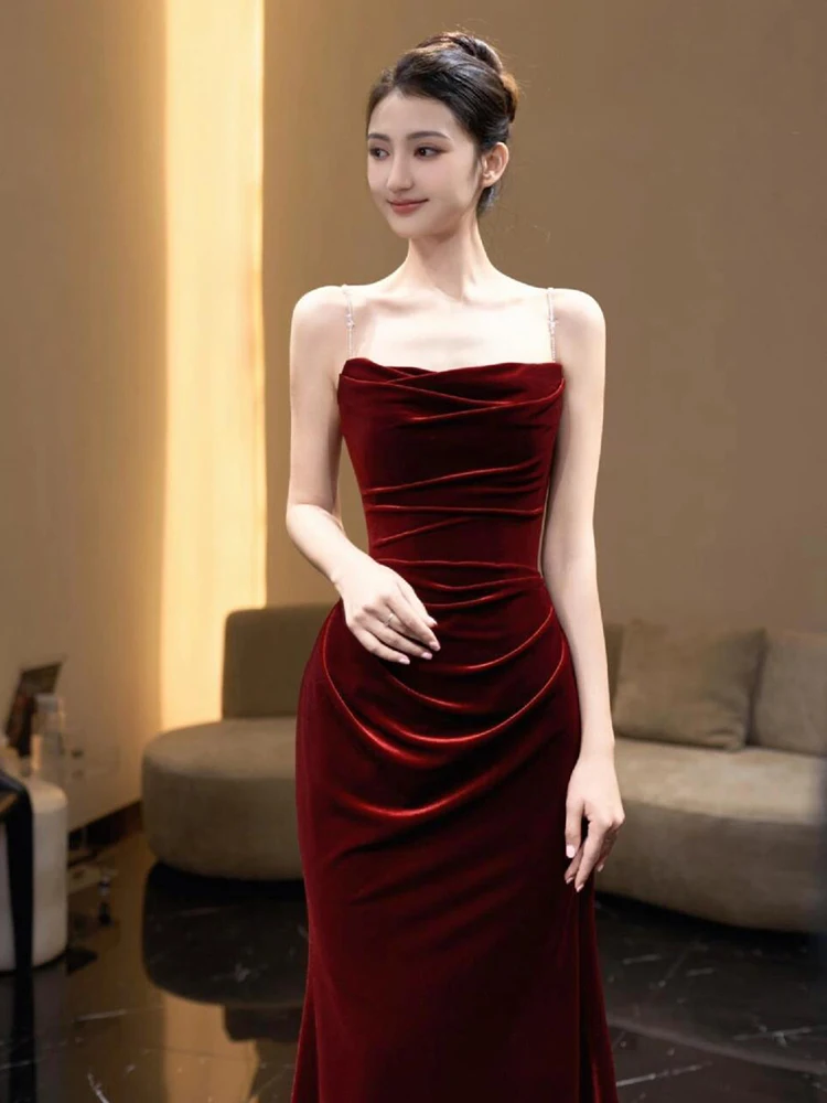 Toast Dress Wine Red High-End Affordable Luxury Niche Velvet Engagement Sling Back Door Fishtail Female