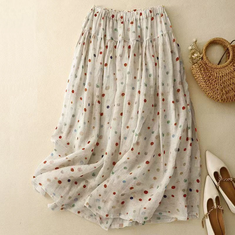 

Vintage Literary Polka Dot Women Skirts 2025 New Summer Elegant Fashion Patchwork Women Midi Skirts Large Swing Pleated Skirts