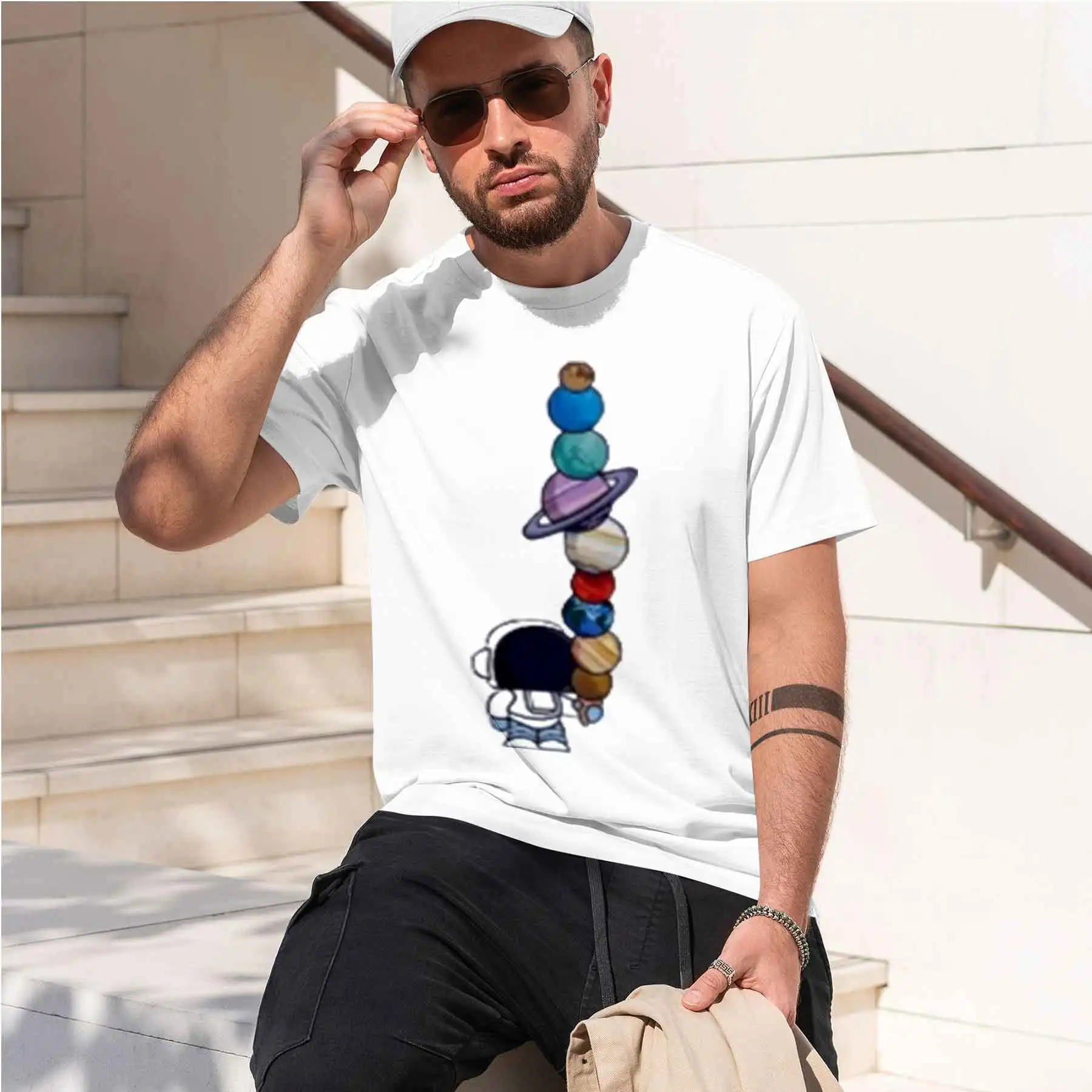 2026 new printed T-shirt Men's Fun Astronaut Stacked Planets Graphic T-Shirt Casual Loose Breathable Daily Wear Top