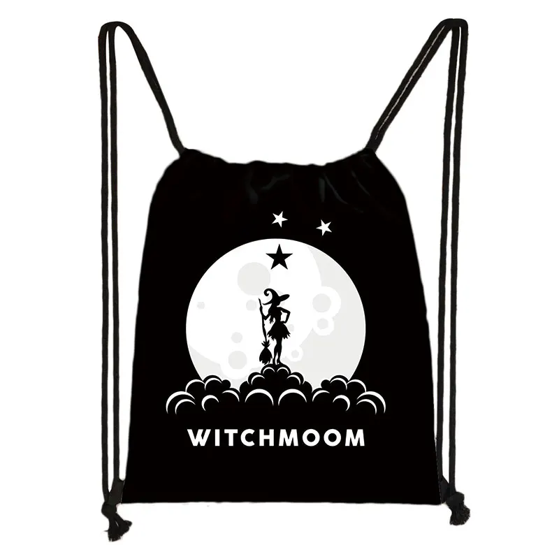 Witch Witchcraft Print Backpack Witchy Woman Drawstring Bags Moon Star Cat Storage Bag for Travel Shoes Holder Wicca Bookbag