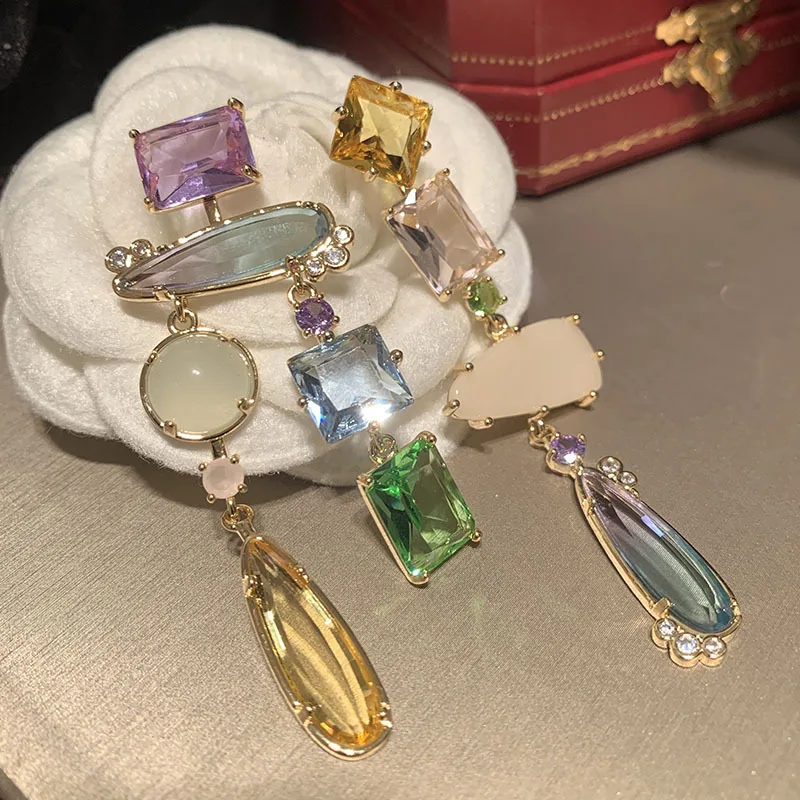 Women Colorful Crystal Earrings S925 Silver Needle Luxury Asymmetric Gradient Transparent Super Sparkling Drops