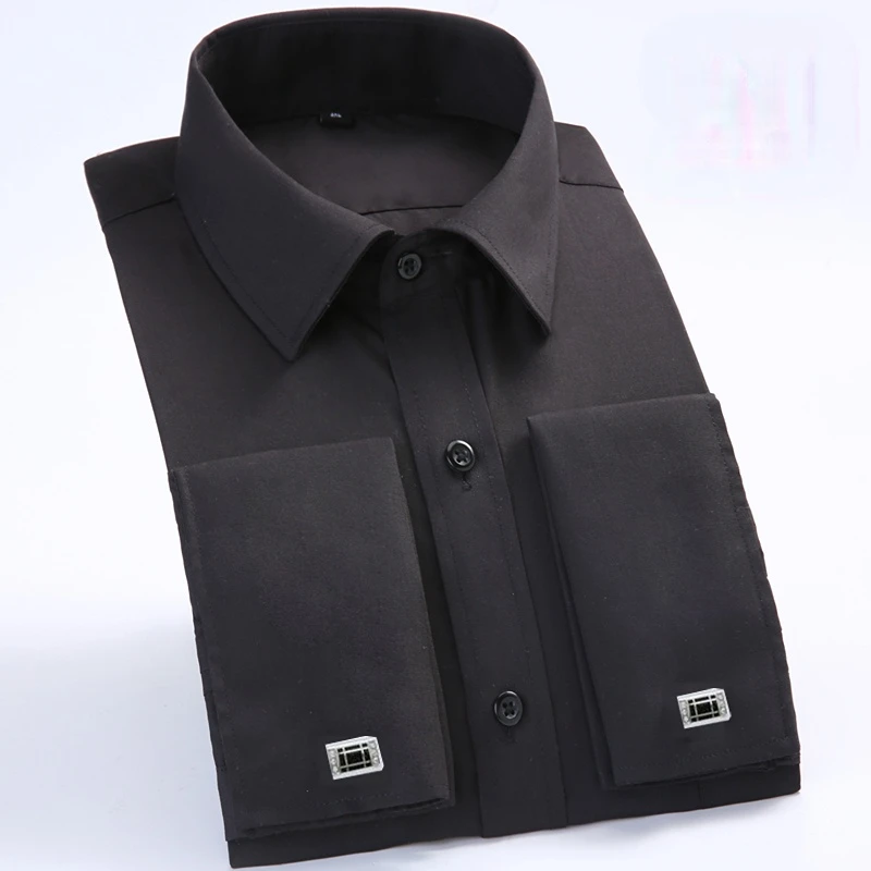 Quality Gentle Formal Mens French Cuff Dress Shirt Men Long Sleeve Solid Striped Style Men's Shirts Cufflink Include Plus Size