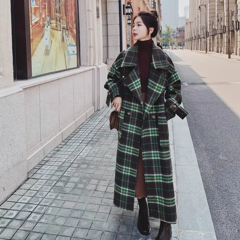 Green Plaid Woolen Coat For Women 2024 Winter New Lady Thicken Temperament Woolen Coats Fashion Korean Belt Female Long Overcoat