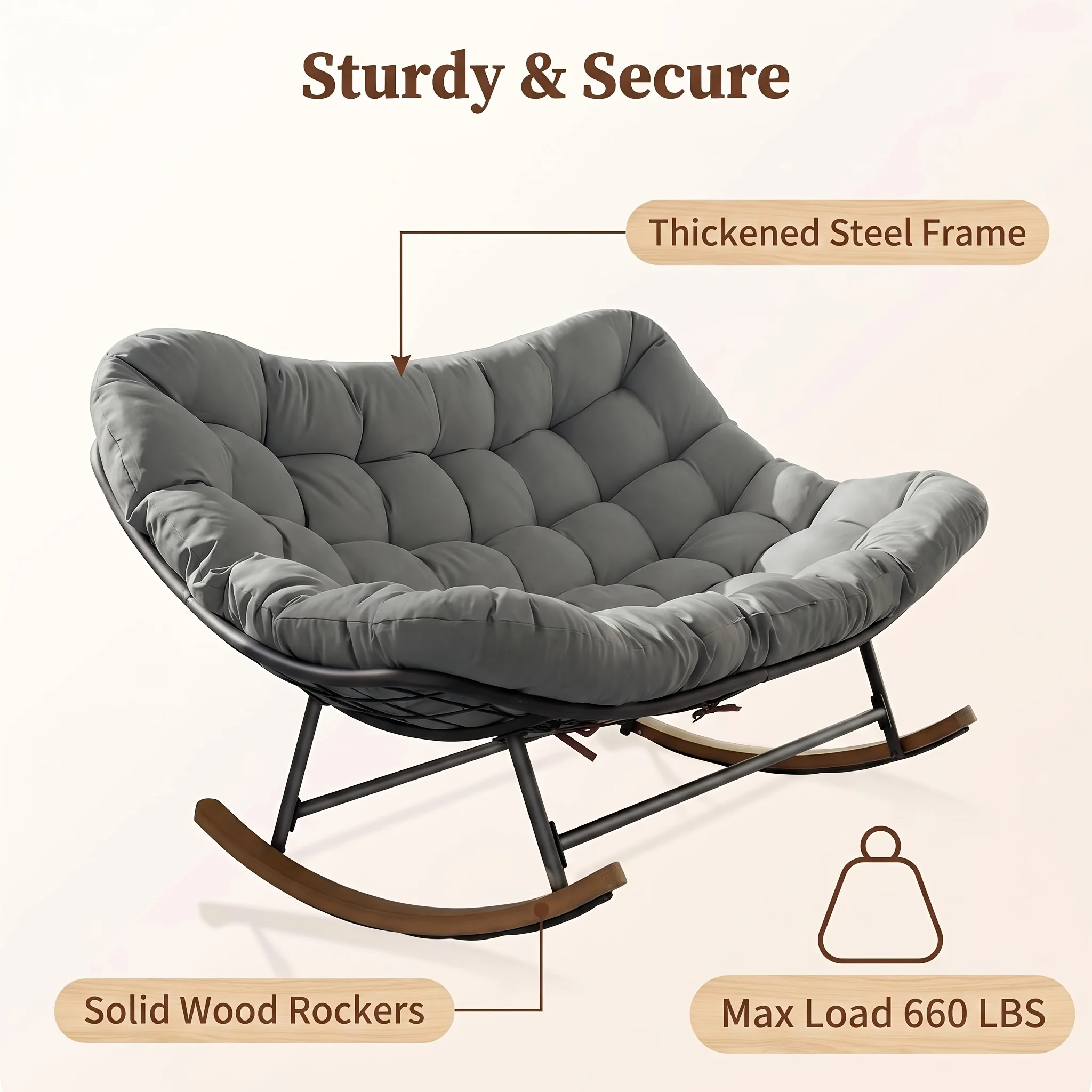 Indoor/patio rocking chair; oversized double Papasan rocking chair featuring a sturdy frame and thickened cushion; bedrooms,
