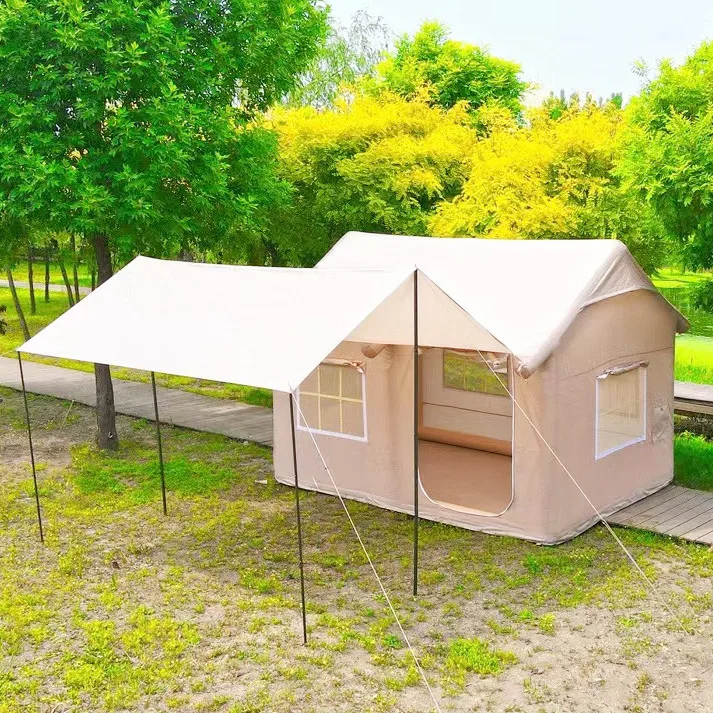 

4 Season Inflatable Cotton Glamping Camping Cabin Tent, Waterproof Windproof 4-6 Person Tent With Flysheet