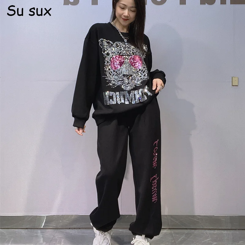 

Sequins Tiger Head Pullover Sweatshirts 2 Piece Set Woman Casual Oversized Jogger Pant Sets Vestidos 2026 Spring Autumn Outfits