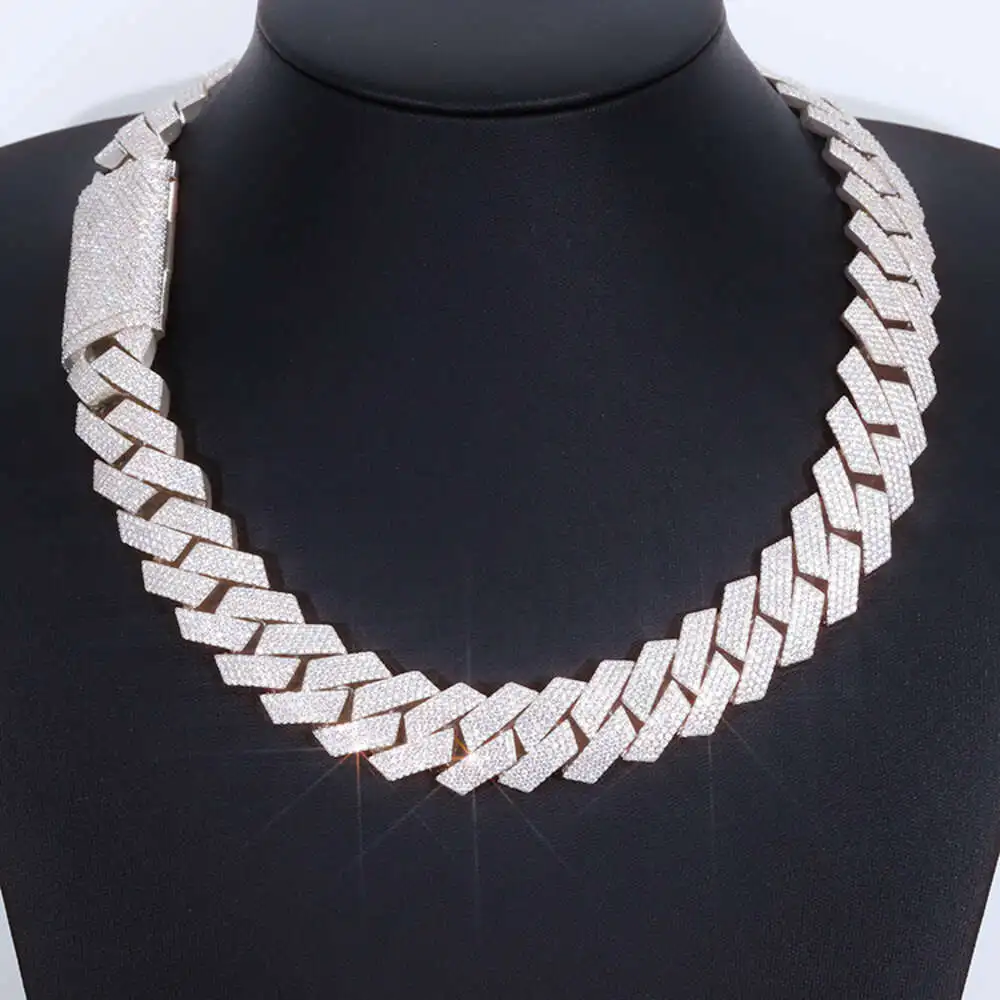 Luxury Heavy Solid Silver 20mm 4rows Gra Moissanite Diamond Cuban Link Chain for Mens Mechanical Watch Rapper Hip Hop Necklace.