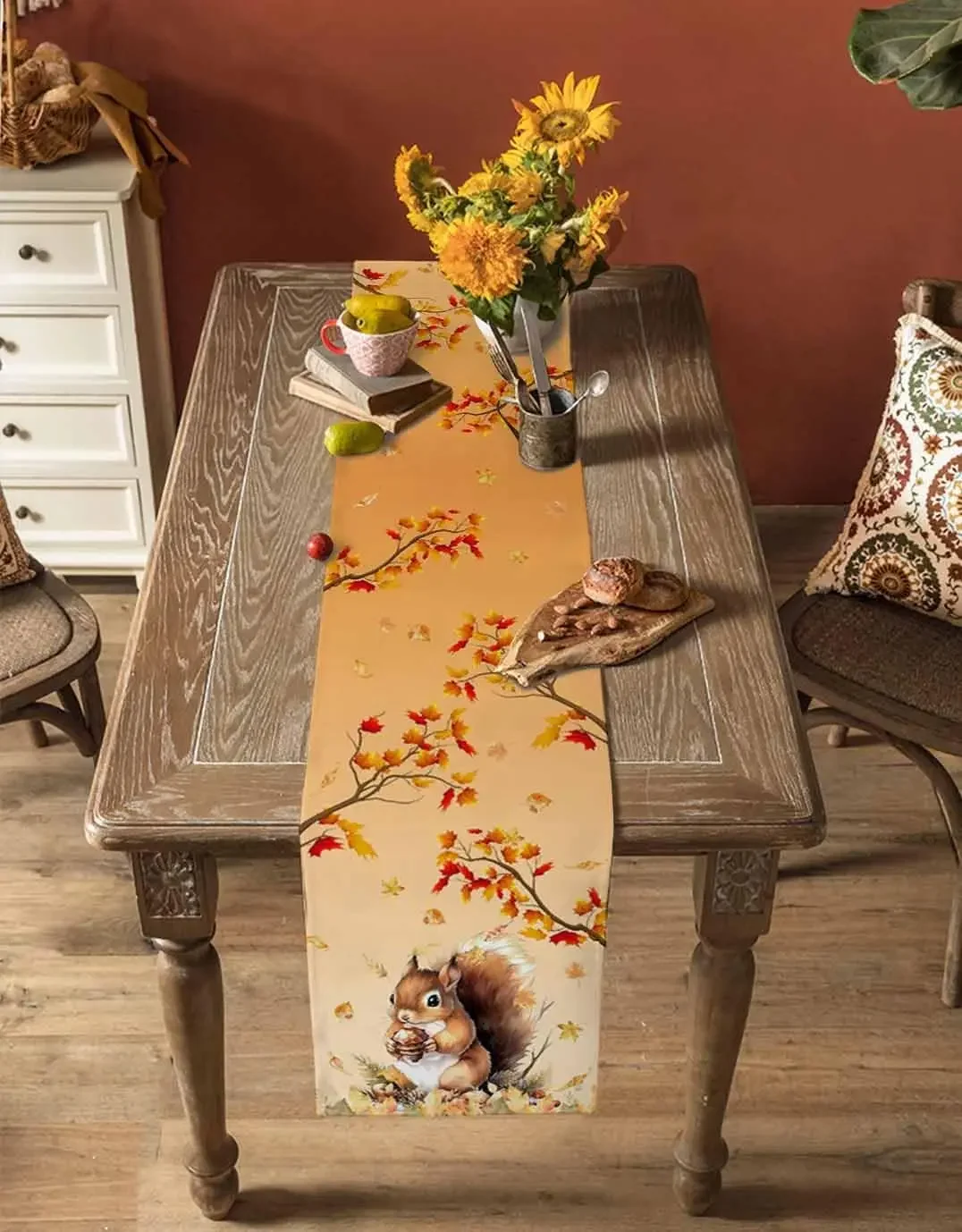 1Pc Autumn Squirrel Pattern Table Runner Beige Cute Squirrel Holding Acorn With Fall Leaves Branches Print Table Cover For Dinin