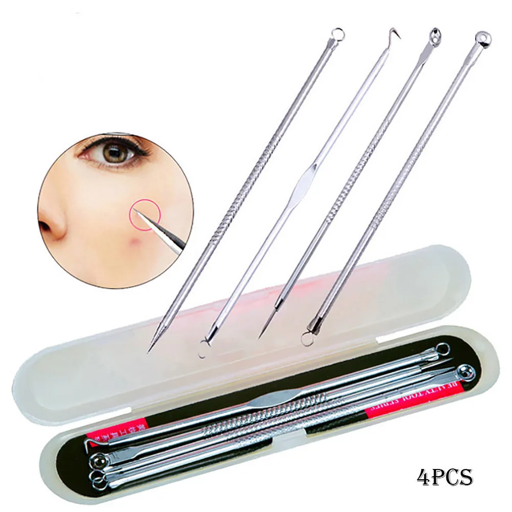 4Pcs Blackhead Acne Remover Set Beauty Skin Care Pore Cleaner Acne Needle Pimple Stainless Steel Pimple Needles Removal Tools