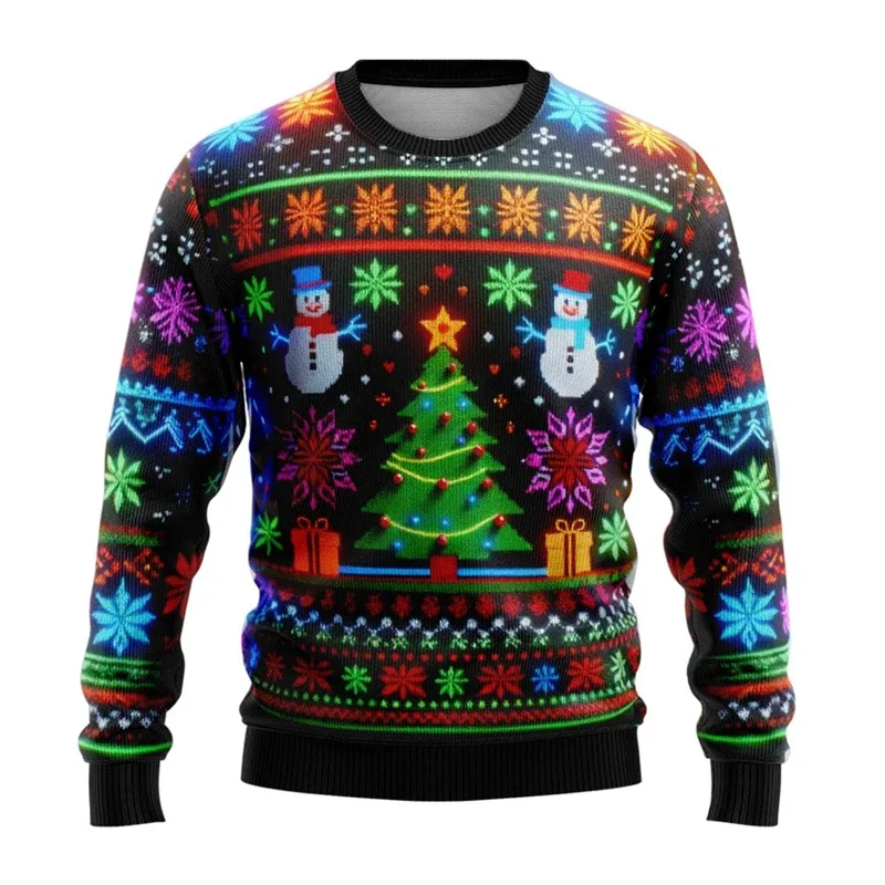 Neon boneco de neve gráfico sweatshirts 2024 feliz natal 3d impresso camisola feia para roupas femininas presentes floco de neve menino agasalho