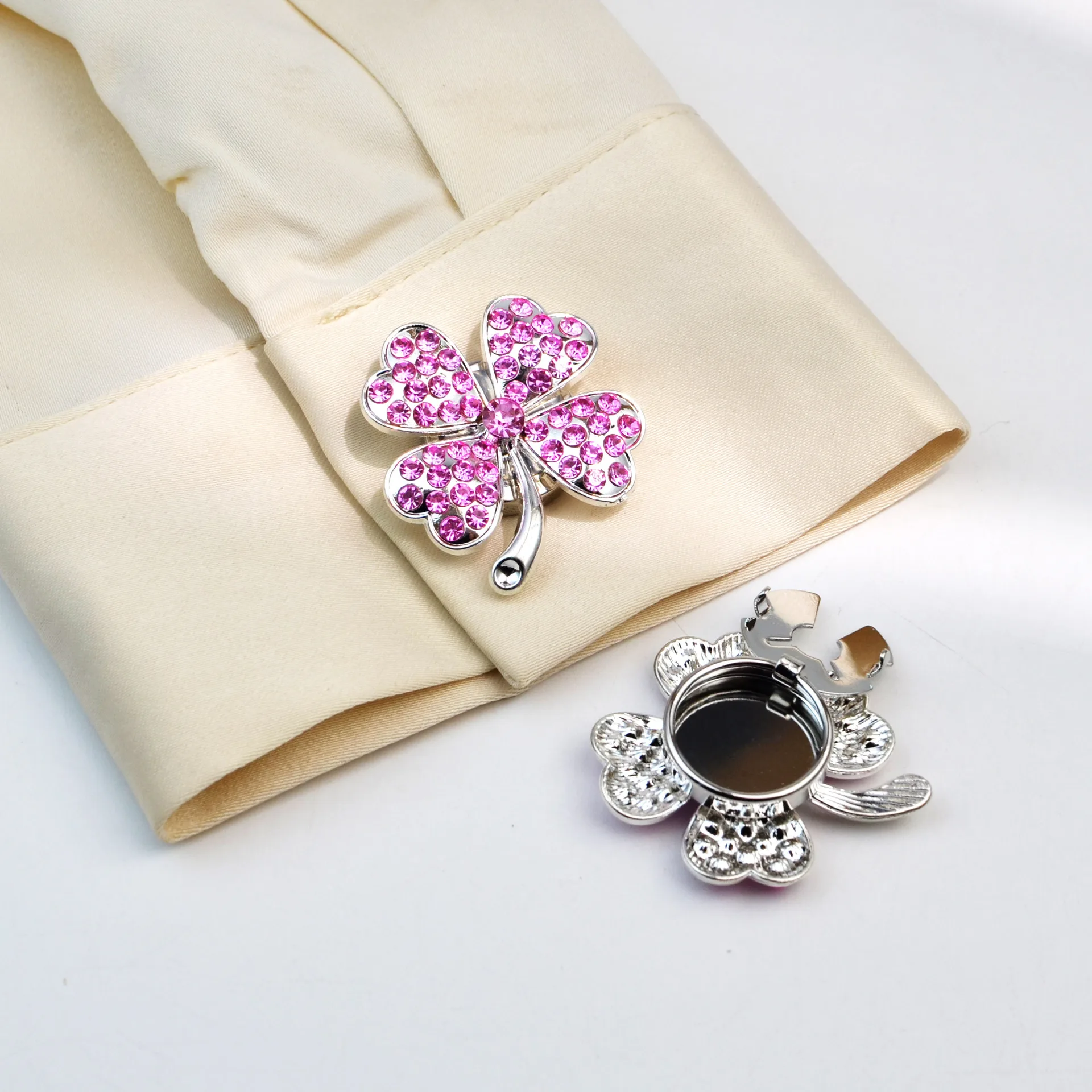 No Sew Four Leaf Clover Rhinestone Button Covers, Silver Snap On Shirt Cufflinks, Decorative Clips & Brooch Buttons for Blouses