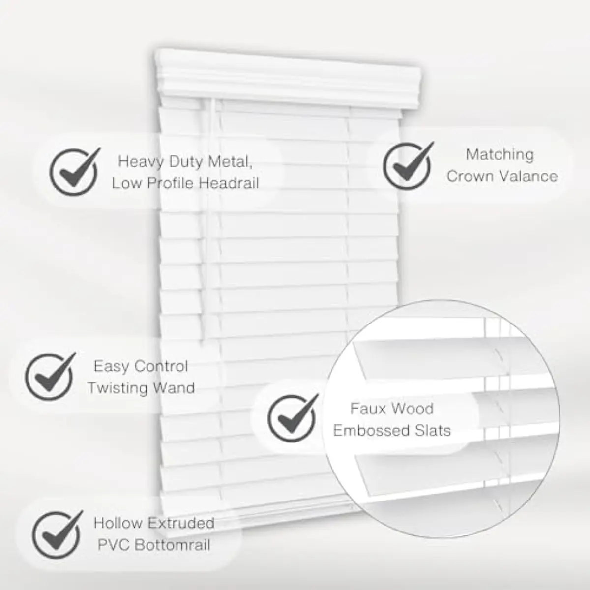 2 Inch Textured PVC Window Blind – 45.5 Inches Wide x 48 Inches Tall – Bright White – Cordless Lift & Wand Tilt – Room Darkening