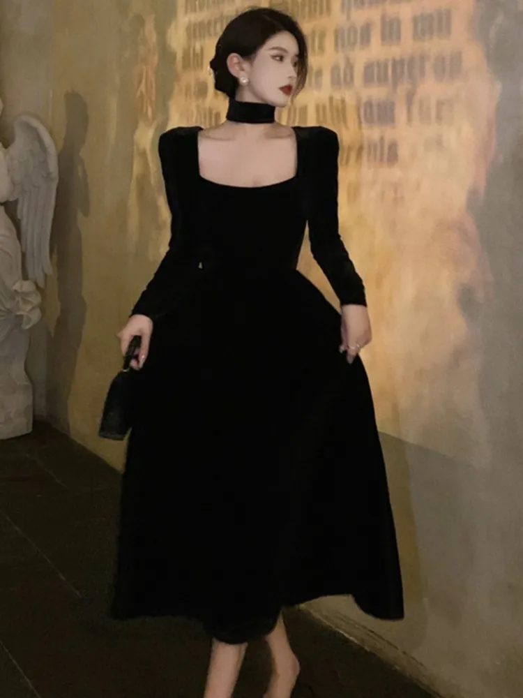 French Elegant Velvet Evening Robe for Women Autumn Square Collar Long Sleeve A-line Slim Mujer Vintage Chic Party Prom Vestidos