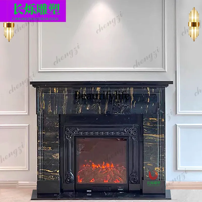 Fireplace French Marble Fireplace Black Golden Flower Stone Black Retro Simple American Fireplace
