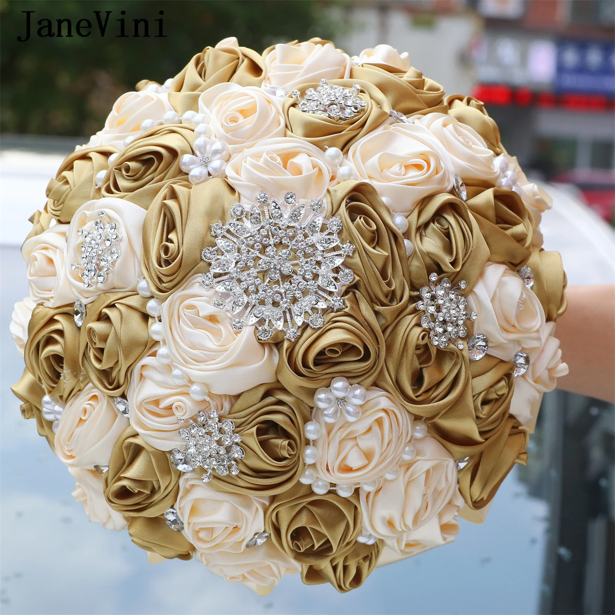 JaneVini 2024 Luxury Gold and Apricot Bride Flower Holder Bouquet Crystal Rhinestone Bridesmaid Wedding Bouquets Bridal Jewelry