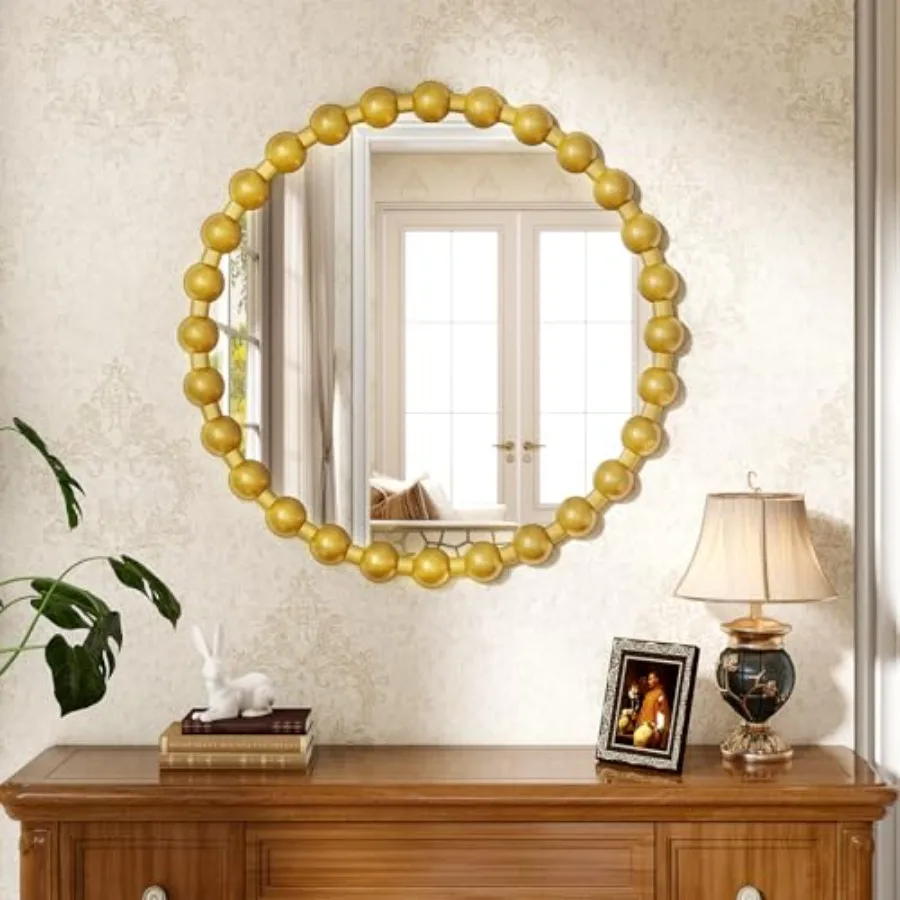 

24 Inch Round Mirror for Wall, Modern Art Deco Circle Mirror with Decorative Beaded Frame, High-Definition Vanity Mirror for Ba