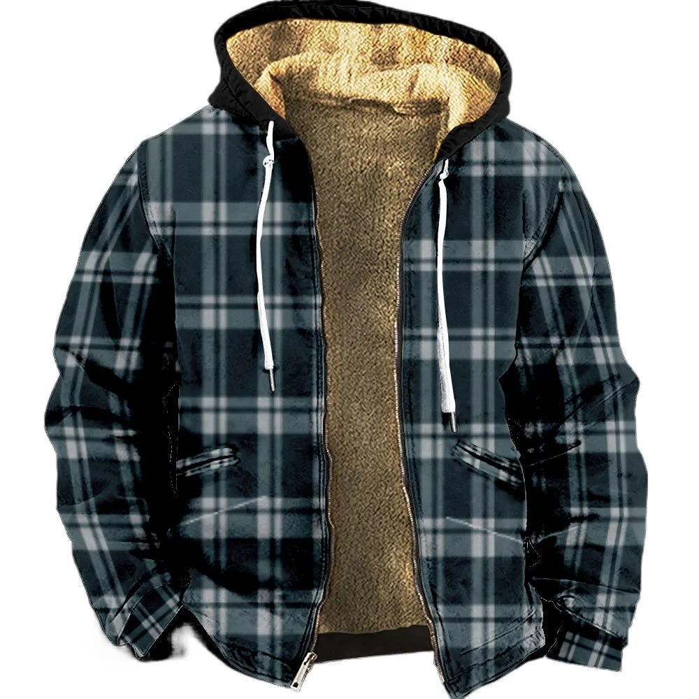 Zipper Hoodies for Men Casual Green Plaid Graphic Prints Winter Coat Long Sleeve Sweatshirt Casual Hooded Jacket Outerwear