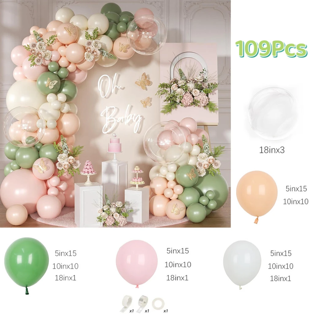 109Pcs Pink and Sage Green Whi - огляд і ціна Balloon Arch Kit