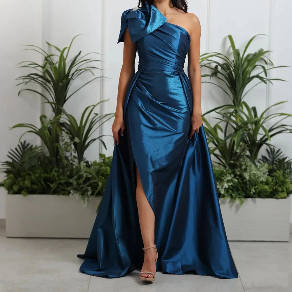 

A-Line Front Slit One Shoulder Satin Sleeveless Elegant and Temperament Panel Train Bow Pleats Evening Dresses Saudi Arabia 2024