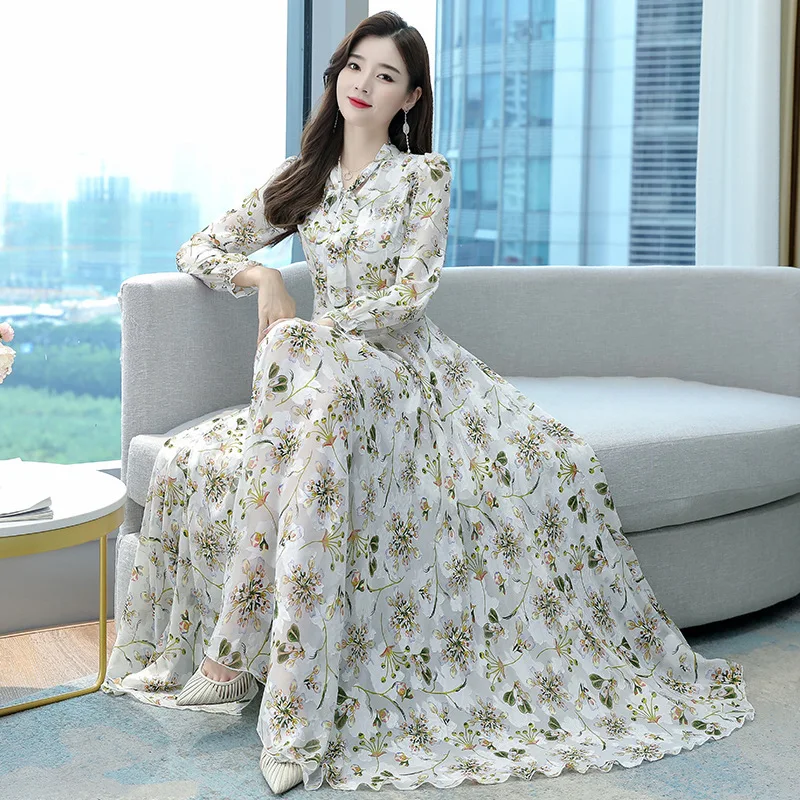 

2025 New Chiffon Printed Long Dress Women's Spring and Autumn Bow Floral Long-sleeved Dress