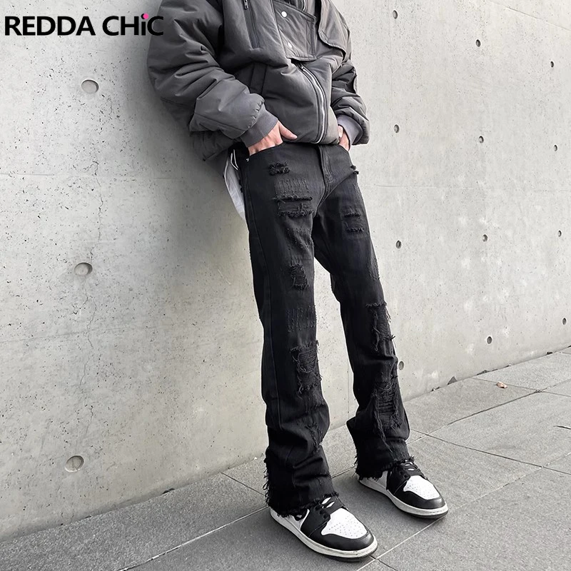 

REDDACHIC Harajuku Men Ripped Black Jeans Y2k Vintage Frayed Destroyed Trousers Straight Casual Pants Dark Punk Emo Streetwear