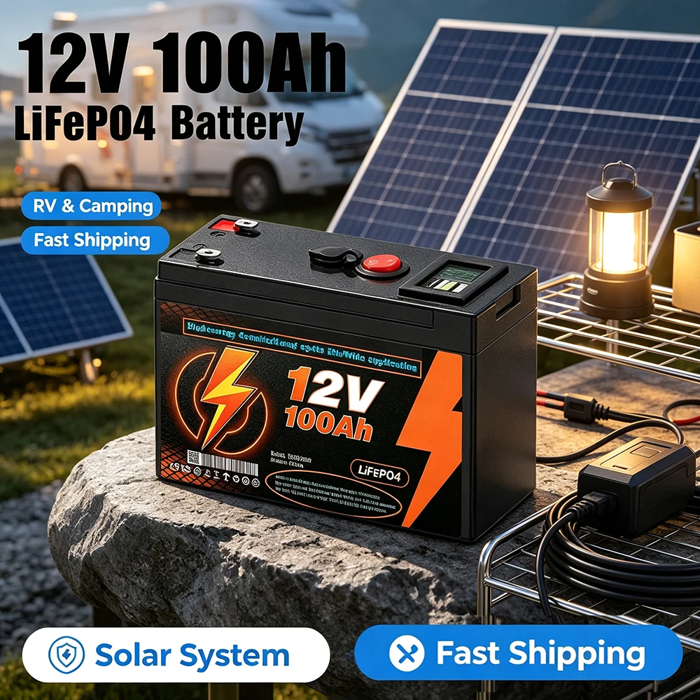 12V 100Ah LiFePO4 lithium Battery, Deep 4000+Cycle Built-in BMS for camping power supply, boat, spray, e-wheel, fish finder☽