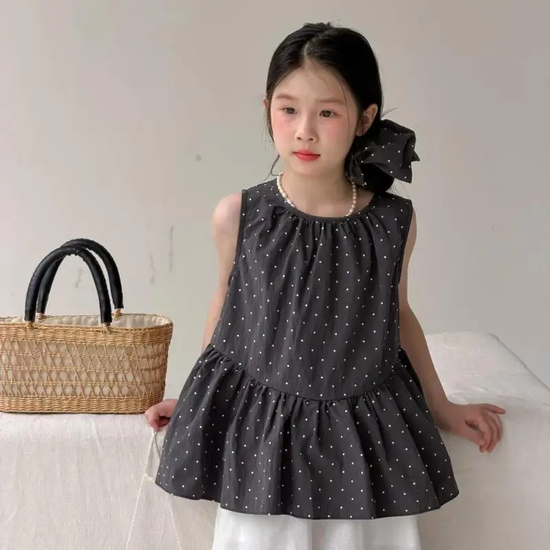 2026 Summer New Girls Sleeveless Shirts Children Versatile Polka Dot Vest Baby Girls Casual Shirts Cotton Kids Clothes