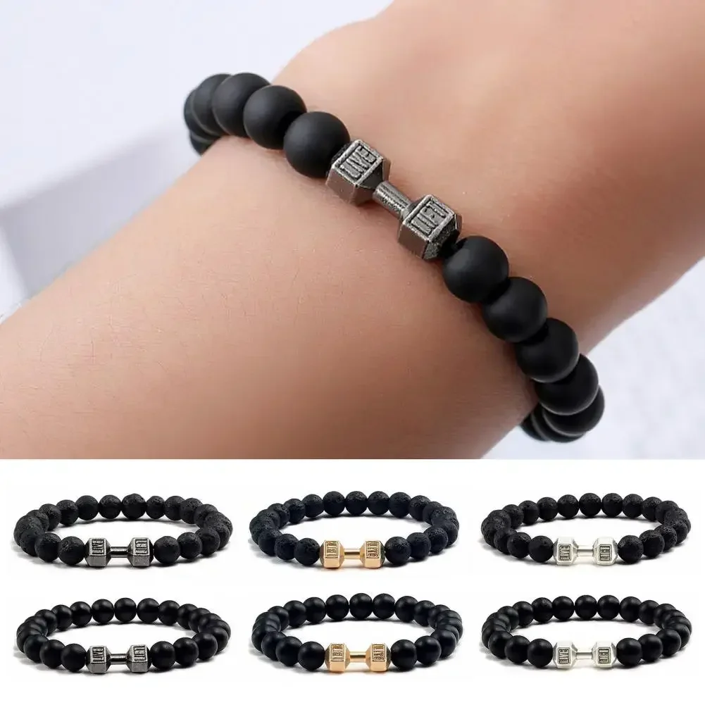 High Quality Men\'s Beaded Bracelet Natural Black Matte Agate Dumbbell Charm Bracelet Energy Fitness Barbell Fashion Jewelry