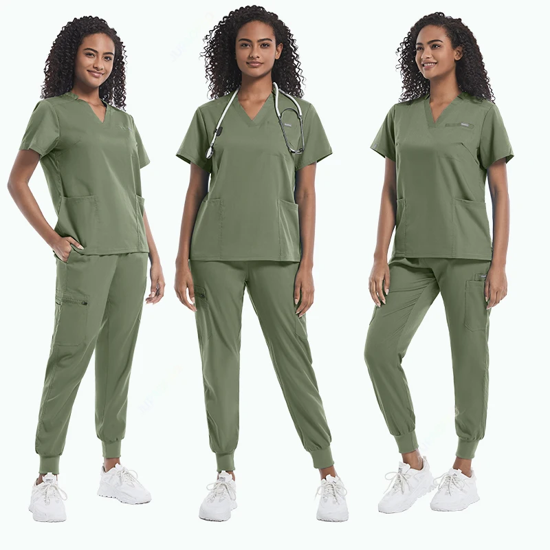 Spring Nurse Uniforms with Pockets Beauty Salon Work Clothes Surgical Top and Jogger Pants Clinic Workwear Medical Scrubs Set