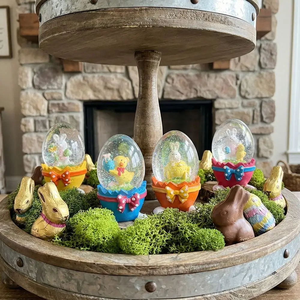 Eggshell Shape Easter Egg Ornament Resin Glass Bunny Rabbit Figurine Handmade Rabbit Hugging Eggs Snowball