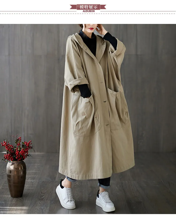 Lässiger, übergroßer, langer Damen-Trenchcoat mit großen Taschen, knielang, mit Kapuze, winddicht, warm, mit Knöpfen, Mädchen-Trenchcoat – Detail 4