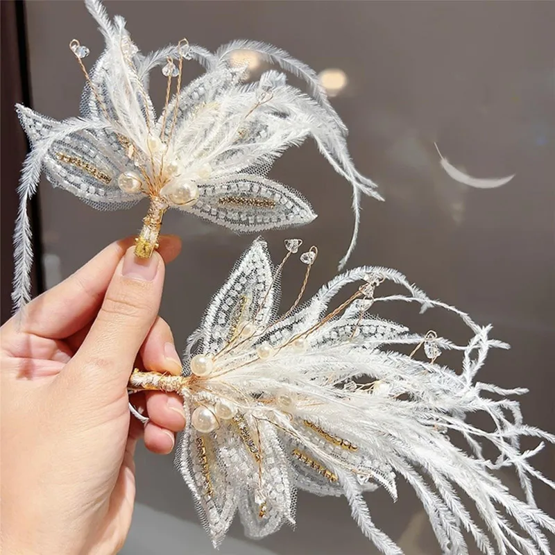 소녀를위한 요정 깃털 헤어 클립 공주 어린이 양면 클립 바레트 Hanfu 머리 장식 어린이 성능 모자를 쓰고 있죠