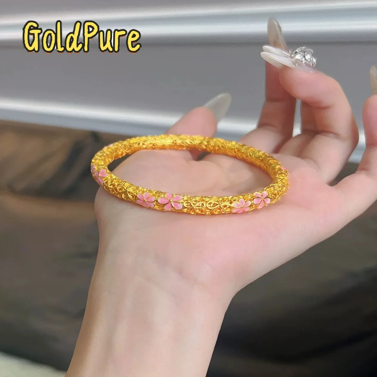

Goldpure Luxury 24K 9999 Pure Gold real gold Women's Peach Blossom Enamel Filament Bracelet