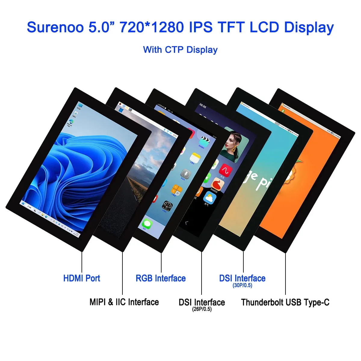 

5.0" 720*1280 IPS TFT CTP Capacitive Touch Panel LCD Module Display Monitor Screen HDMI Thunderbolt USB Type-C RGB MIPI DSI IIC