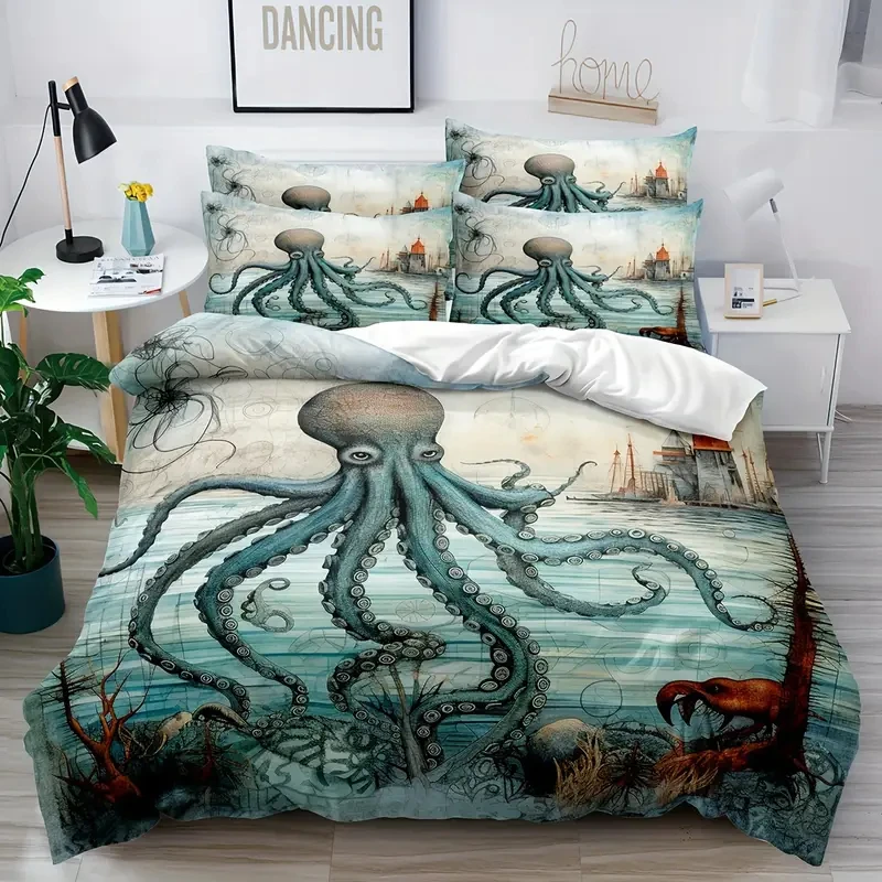 Vintage Octopus Duvet Cover Set, Nautical Sea Life Print Quilt Cover, Soft Comfortable Breathable Bedding Set for Home Decor