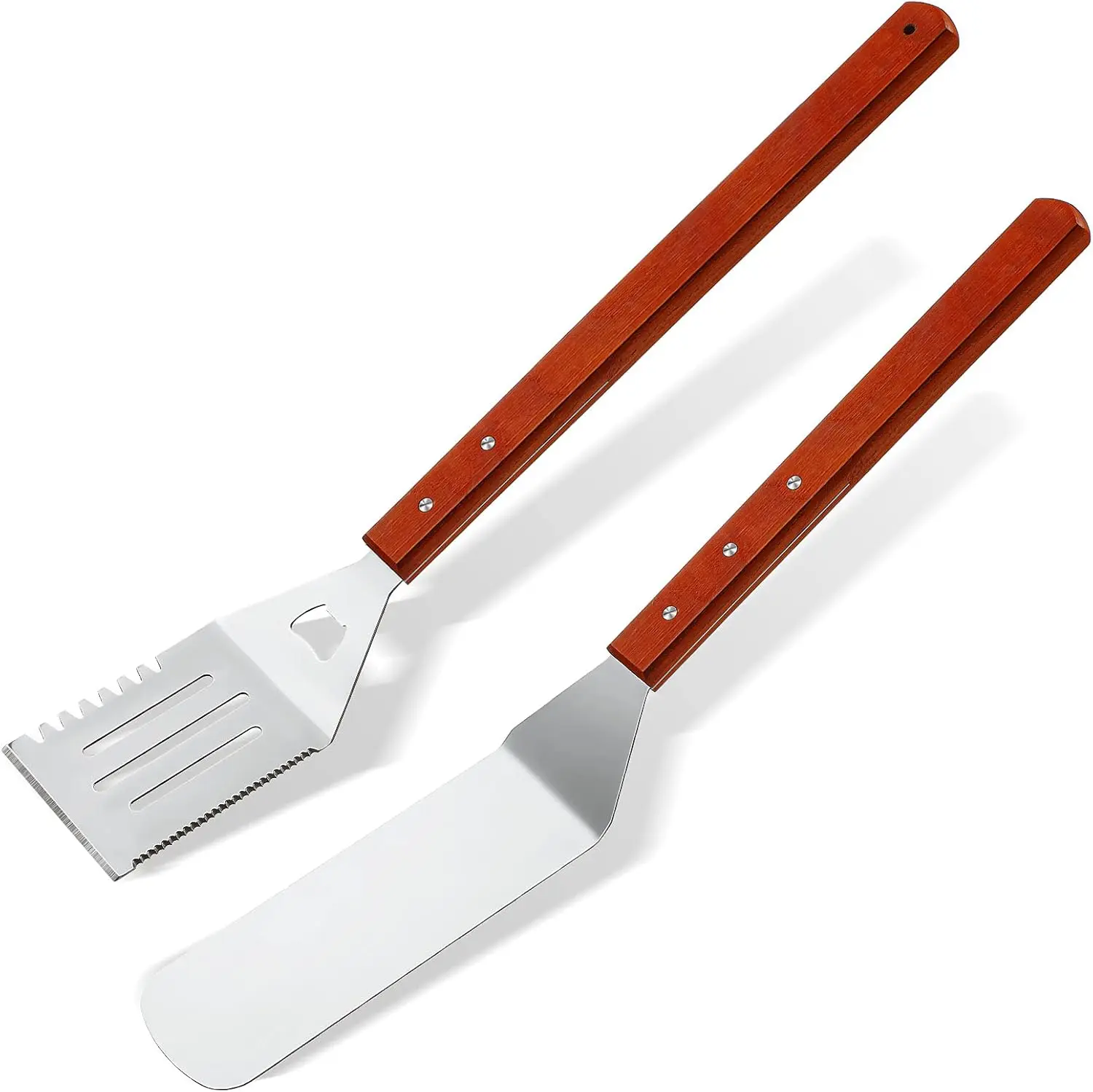 

2-Piece Stainless Steel BBQ Grill Turner & Spatula Set, 20' Wooden Handle, Slotted & Solid, Grilling Accessories